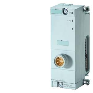 Elektronisches Gerät in rechteckiger Form mit zwei Steckverbindungen, einer an der Vorderseite und einer an der Seite. Oben mit 'DC 24V' beschriftet.