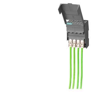 Ein elektrischer Steckverbinder mit einem schwarzen Gehäuse, offenem Deckel und vier grünen Kabeln, die aus der Unterseite herausragen.