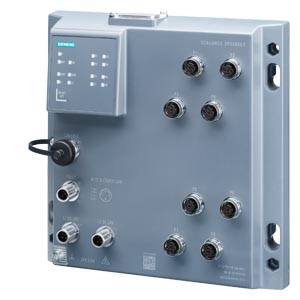 Industrieller Netzwerk-Switch mit mehreren Anschlussports. Links oben befindet sich ein Bedienfeld mit LED-Anzeigen.