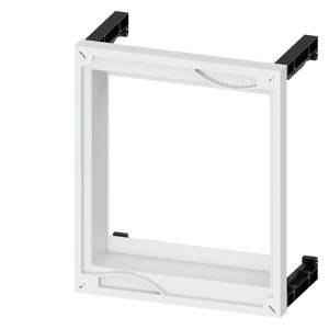 Ein weißer Rahmen mit schwarzen Halterungen an den Ecken, geeignet für die Montage in eine Wand oder ein Gerät.