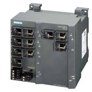 Ein Netzwerk-Switch der Marke Siemens, Modell Scalance X310, mit mehreren Ethernet-Ports und LED-Anzeigen zur Statusüberwachung.