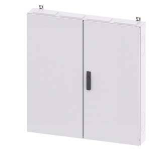 Ein grauer Schrank mit zwei Türen und einem schwarzen Griff, montiert an der Wand.