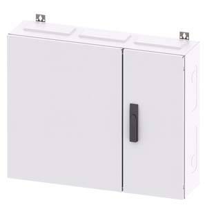 Ein grauer Schaltschrank mit zwei Türen, eine kleinere rechts mit schwarzem Griff. Oben montierbar mit Befestigungsschlaufen.