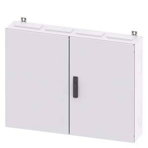 Ein rechteckiger, weißer Metallschrank mit zwei Türen und einem schwarzen Griff, geeignet zur Wandmontage.