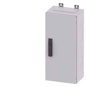 Grauer Metallschrank mit schwarzem Griff, montierbar an der Wand, geeignet für die Aufbewahrung von elektrischen oder mechanischen Komponenten.