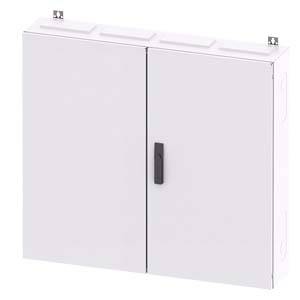 Weißer Schaltschrank mit zwei Türen und einem schwarzen Griff, an der Wand montiert.