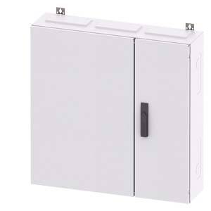 Metallschrank mit zwei Türen und schwarzem Griff, an einer weißen Wand montiert. Geeignet zur Aufbewahrung von elektrischen Geräten oder Werkzeugen.