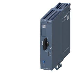 Industrieelektronik, blauer Schaltschrankmodul mit Drehgriff und Markenlogo. Gehäuse zeigt technische Details und Produktkennzeichnungen.