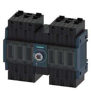 Ein elektrischer Leistungsschalter von Siemens, dunkel, mit mehreren Anschlüssen und einem zentralen Schaltrad zur Steuerung.
