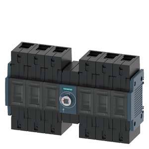Ein schwarzer mehrphasiger Leistungsschalter von Siemens mit blauem Schalter in der Mitte, geeignet für industrielle Stromverteilung.