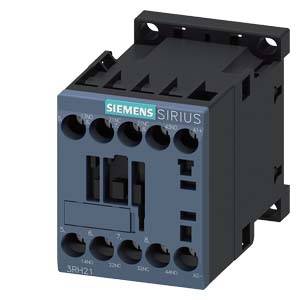 Siemens SIRIUS Schütz, Modell 3RH21, für industrielle Anwendungen, dargestellt in Front- und Seitenansicht.