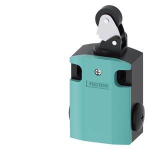 Ein türkis-grüner Siemens-Schalter mit schwarzem Halter und silbernem Betätigungshebel, verwendet in industriellen Anwendungen.