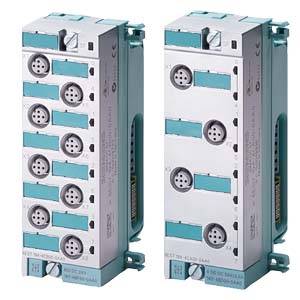 Zwei blaue und graue modulare Steckverbinder mit mehreren Steckplätzen, geeignet für industrielle Anwendungen und Steuerungssysteme.