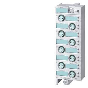 IO-Link Anschlussmodul mit zehn Steckverbindungen, jeweils mit acht runden Pins, montiert auf einer silbernen Metallplatte.