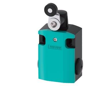 Blauer Limit-Schalter mit schwarzem Hebel und Siemens-Logo, verwendet in elektrischen und mechanischen Anwendungen zur Endlagenbegrenzung.