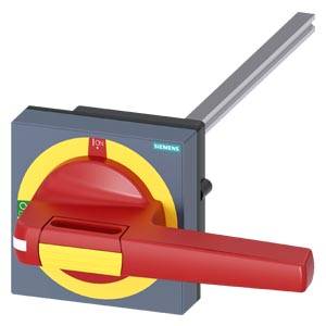Ein roter Schalthebel in einer gelben und grauen Halterung, in der Position 'ON'. Geeignet für elektrische Schalttafeln.