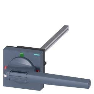 Ein grauer, rechteckiger Geräteschalter mit langem Hebel und rotem Schaltpositionmarkierung. Markennamen 'Siemens' sichtbar.