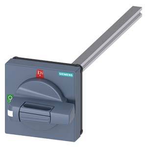 Ein grauer Siemens-Schalter mit Hebel in neutraler Position, grüner Symbol und Siemens-Logo sichtbar.