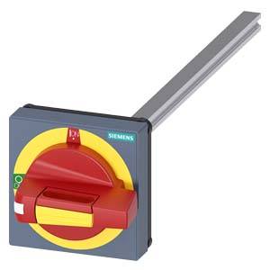 Ein roter Hauptschalter mit gelbem Hintergrund an einem grauen Gehäuse von Siemens, benutzt zur Steuerung elektrischer Geräte.