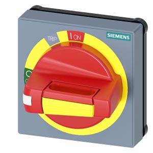 Ein roter, quadratischer Schalter von Siemens in der Position 'ON', mit gelbem und grünem Markierungskreis für Bedienungseinstellungen.