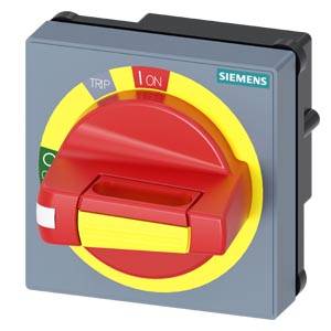 Ein roter Drehschalter von Siemens mit gelbem Rand, zeigt auf 'ON'. Schalter zur Steuerung oder Unterbrechung eines elektrischen Stromkreises.