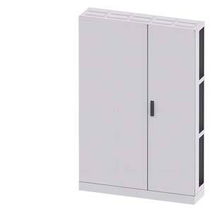 Ein grauer Schrank mit zwei Türen und einem rechteckigen Griff. Das Design ist einfach und funktional, geeignet für Büros oder Werkstätten.