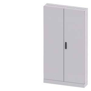 Ein grauer, zweitüriger Metallschrank mit einem zentralen Griff, vor einem weißen Hintergrund.