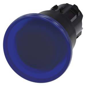 Blauer runder Knopf mit schwarzer Fassung, häufig für Steuerpulte oder elektronische Geräte verwendet.