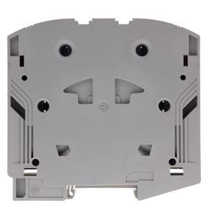 Eine graue, rechteckige Kunststoffbasis mit abgerundeten Ecken und mehreren Öffnungen, ist vermutlich Teil eines elektronischen Geräts oder Anschlussmoduls.
