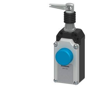 Industrieller Positionsschalter mit Hebelarm, rechteckige Form, graues Gehäuse, schwarze und blaue Elemente, Markenlogo sichtbar.