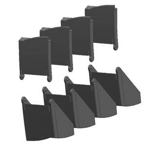 Sechs schwarze Halterungen oder Stützen, jeweils in zwei Reihen übereinander gestapelt, mit leicht abgeschrägten Seiten.