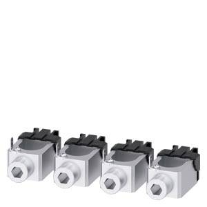 Vier silberne elektronische Bauteile in einer Reihe, rechteckige Form mit einem Sechskantkopf und schwarzem Anschluss oben.
