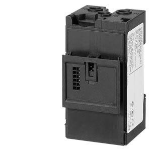 Ein schwarzes elektrisches Bauteil mit Anschlüssen, möglicherweise ein Teil eines Schalters oder Relais. Rechtsseitig Etikett mit Text.