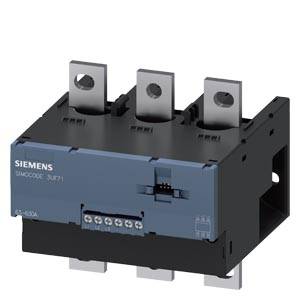 Ein elektrisches Schaltgerät von Siemens, Modell '3UF71', mit drei großen Anschlussklemmen oben und Anschlüssen an der Vorderseite.