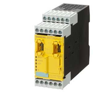 Ein gelbes Siemens Sicherheitsschaltgerät mit mehreren Anschlussklemmen. Verwendet in Automatisierungstechnik zur Sicherheitsschaltung.