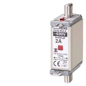 Elektrische Sicherung mit 'Siemens 690V 2A' Aufschrift, rote Anzeige und silbernem Kontakt. Hergestellt in Deutschland, Modell NH800-gG.