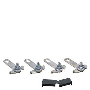 Vier Metallhalterungen mit Schrauben und einer schwarzen Kunststoffabdeckung unten in der Mitte.