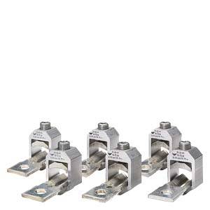 Sechs silberne Kabelklemmen in zwei Reihen auf weißem Hintergrund. Sie sind symmetrisch angeordnet und zeigen ihre Öffnungen.