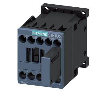 Ein Siemens SIRIUS Schütz, Modell 3RT20, für industrielle Anwendungen, dunkelgrau mit Firmenlogo, Anschlüsse oben sichtbar.