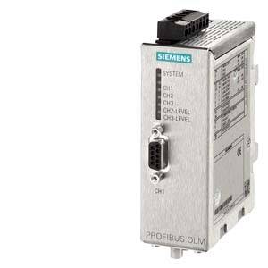 Metallgehäuse mit 'PROFIBUS OLM' aufgedruckt, zeigt mehrere Anschlüsse und LED-Anzeigen. Oben ein Siemens-Logo.