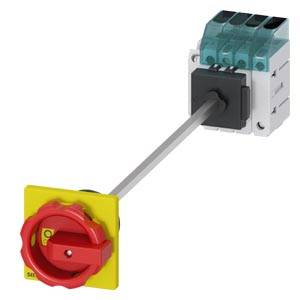 Industrieller Hauptschalter mit rotem Drehgriff und gelber Basis, verwendet für Sicherheitsabschaltungen in elektrischen Systemen.