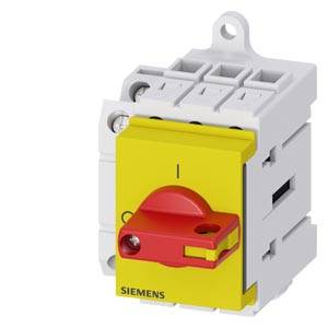 Ein gelber Leistungsschalter mit rotem Drehknopf, gelabelt mit 'Siemens'. Der Schalter ist in der Aus-Position.