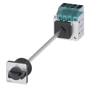 Ein elektrischer Leistungsschalter mit schwarzem Drehgriff, transparenten blauen Abdeckungen und einem Montagesockel.