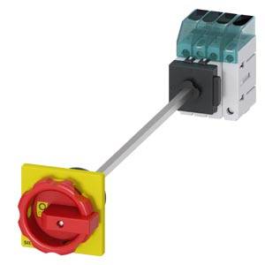 Ein roter Not-Aus-Schalter mit gelbem Hintergrund, verbunden mit einem elektrischen Schaltmodul. Geeignet für Sicherheitsabschaltungen.