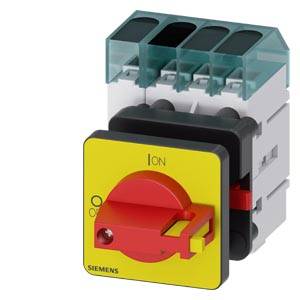 Ein roter Lasttrennschalter von Siemens, auf einer gelben Frontplatte montiert, mit Klemmen oben zur Stromverbindung.