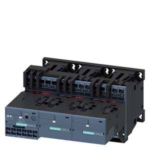 'Siemens SIRIUS Schütz' in Schwarz auf weißem Hintergrund, zeigt drei verbundene Module. Hauptsächlich für industrielle Anwendungen.