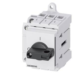 Schalter von Siemens, weiß, mit schwarzem Drehgriff, geeignet zur Montage in elektrischen Anlagen; drei Anschlussöffnungen sichtbar.
