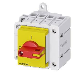 Ein gelber Siemens-Schalter mit rotem Hebel zeigt die Position 'I' an, was typischerweise für 'Ein' steht.