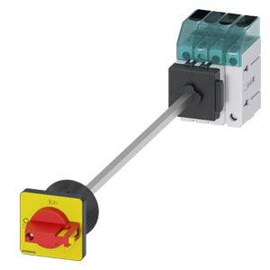 Ein roter Lasttrennschalter vor gelbem Hintergrund, verbunden mit einem elektrischen Bauteil. Schalter auf Position 'Aus'.