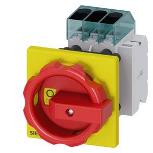 Schalter in Rot und Gelb, mit einem Griff für die Bedienung. Geeignet für elektrische Anwendungen, mit drei Anschlusspunkten oben.